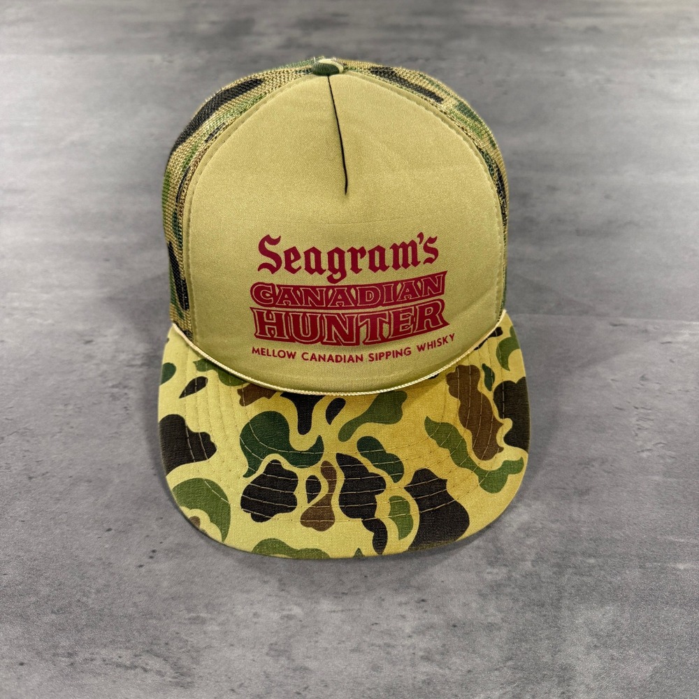 Vintage Seagrams Canadian Whisky Snapback Hat Trucker Camo Mesh USA Made Green